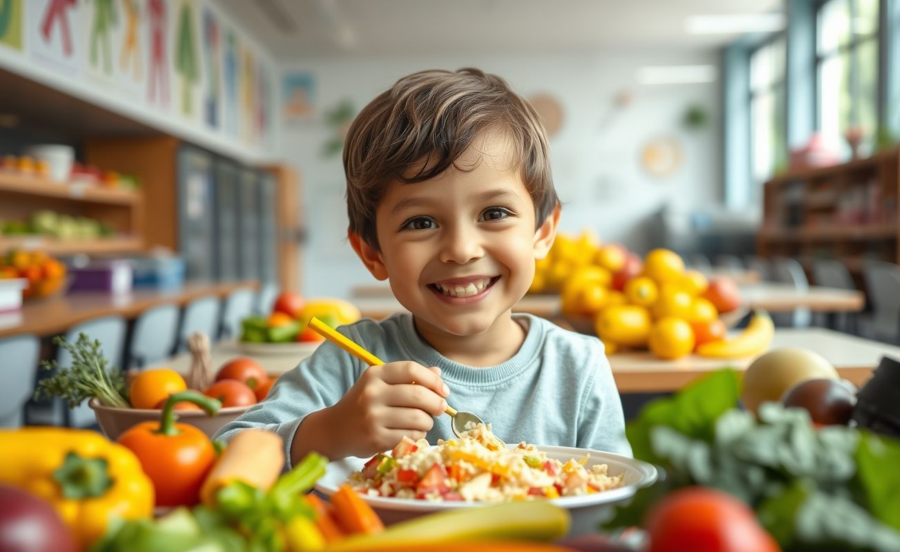 Criança comendo em cantina escolar colorida.
