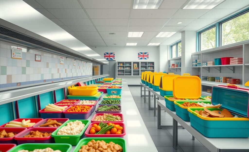 Cantina térmica escolar com alimentos frescos e organizados