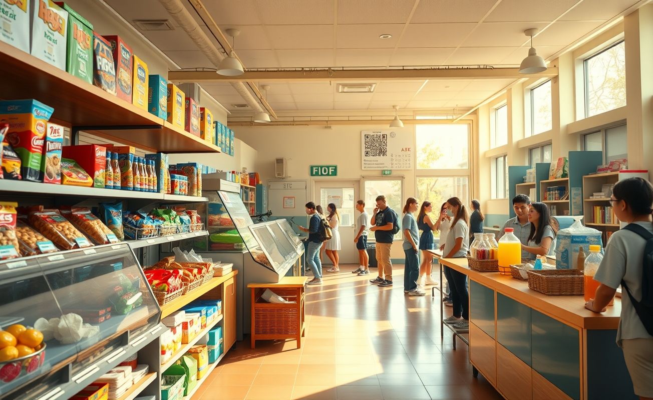 Cantina escolar com variedade de lanches e bebidas