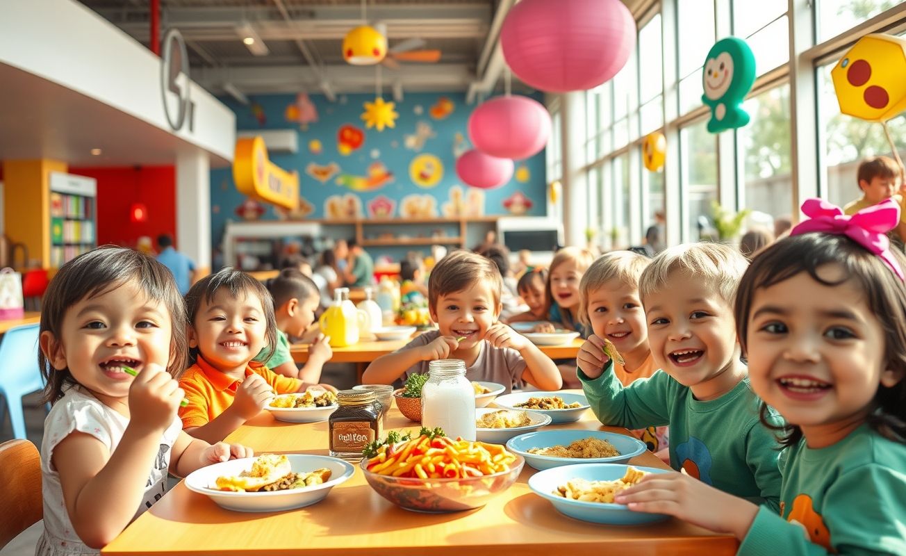 Cantina infantil com comida saudável e decoração lúdica