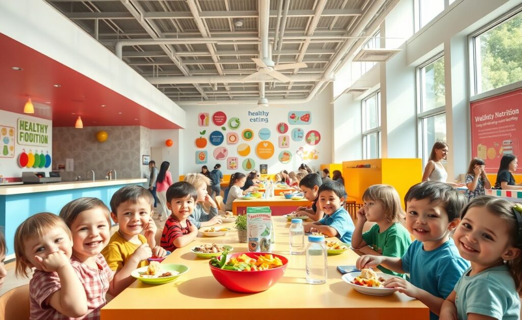 Cantina para crianças com alimentos saudáveis e decoração lúdica