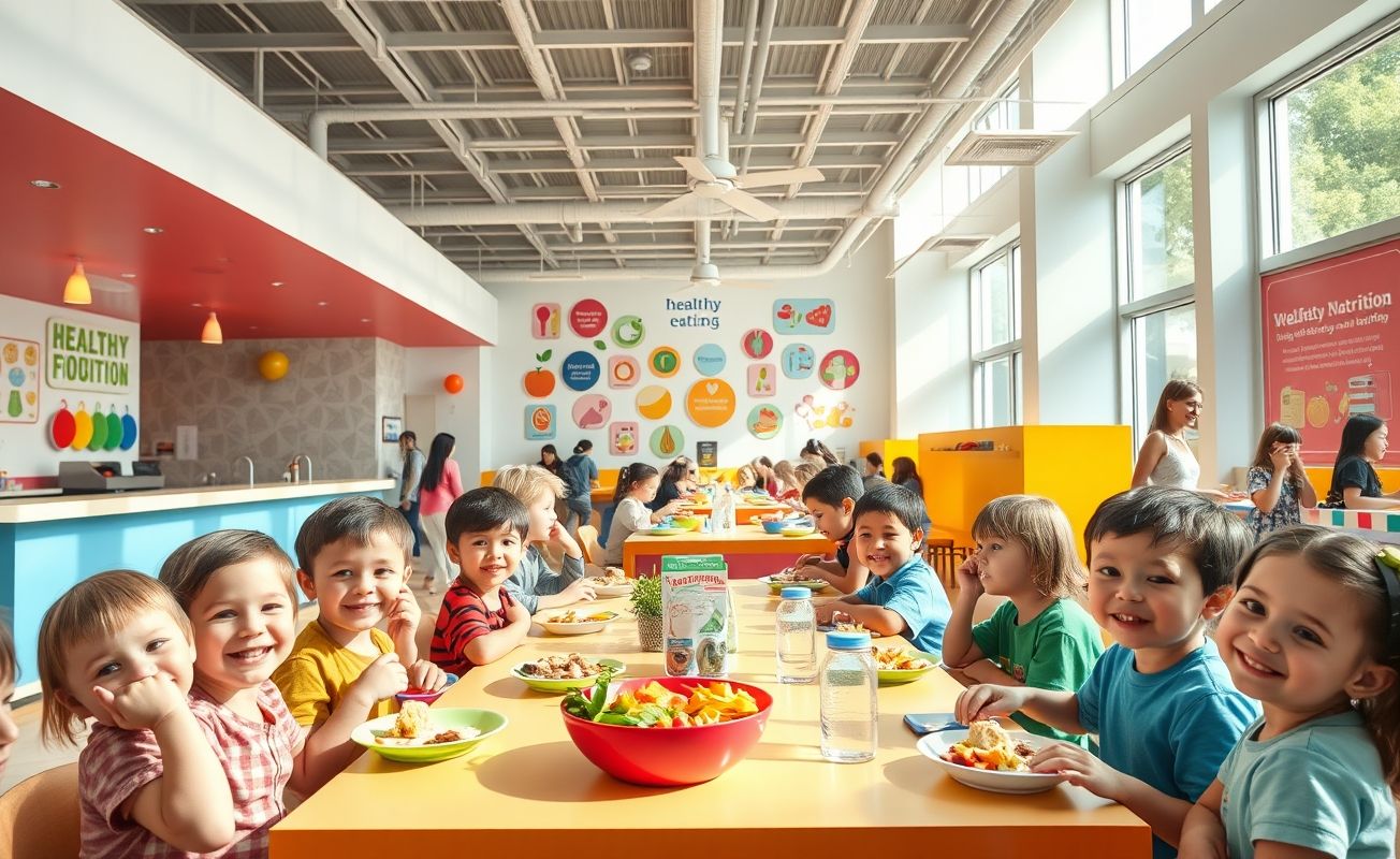 Cantina para crianças com alimentos saudáveis e decoração lúdica