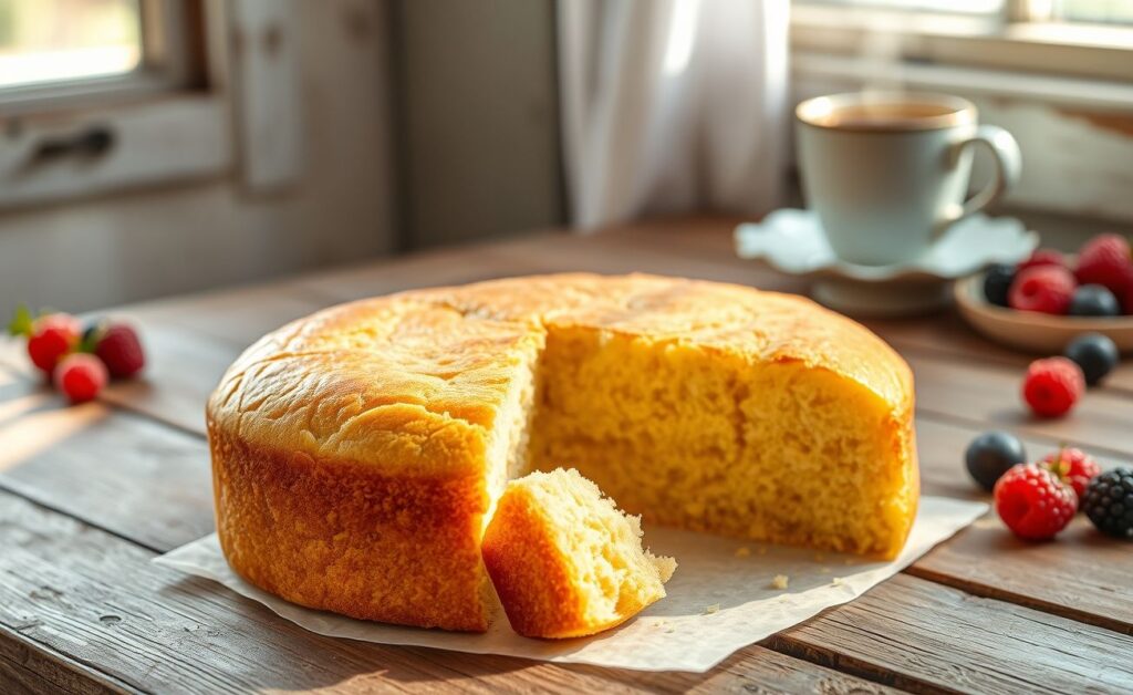 Pão de ló de 3 ingredientes dourado e fofo em cima de mesa rústica, com textura aerada visível no corte